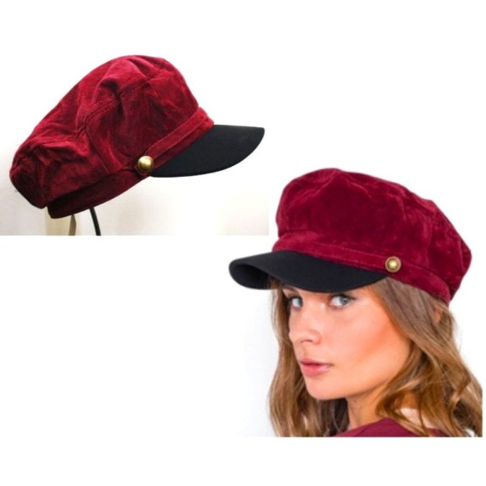 trendy burgundy velvet cabby hat